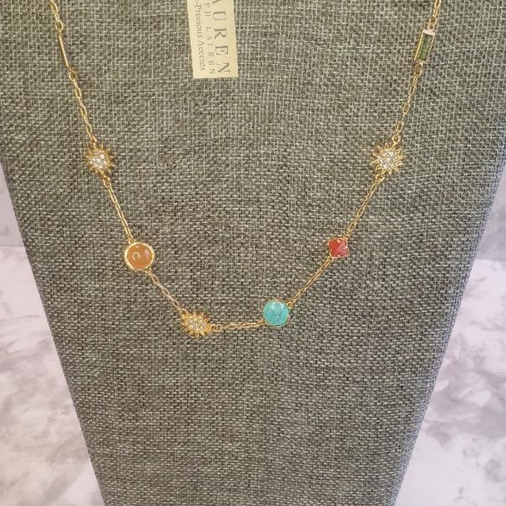 Ralph Lauren 20" Necklace Gold Tone with Different Stone and Rhinestones